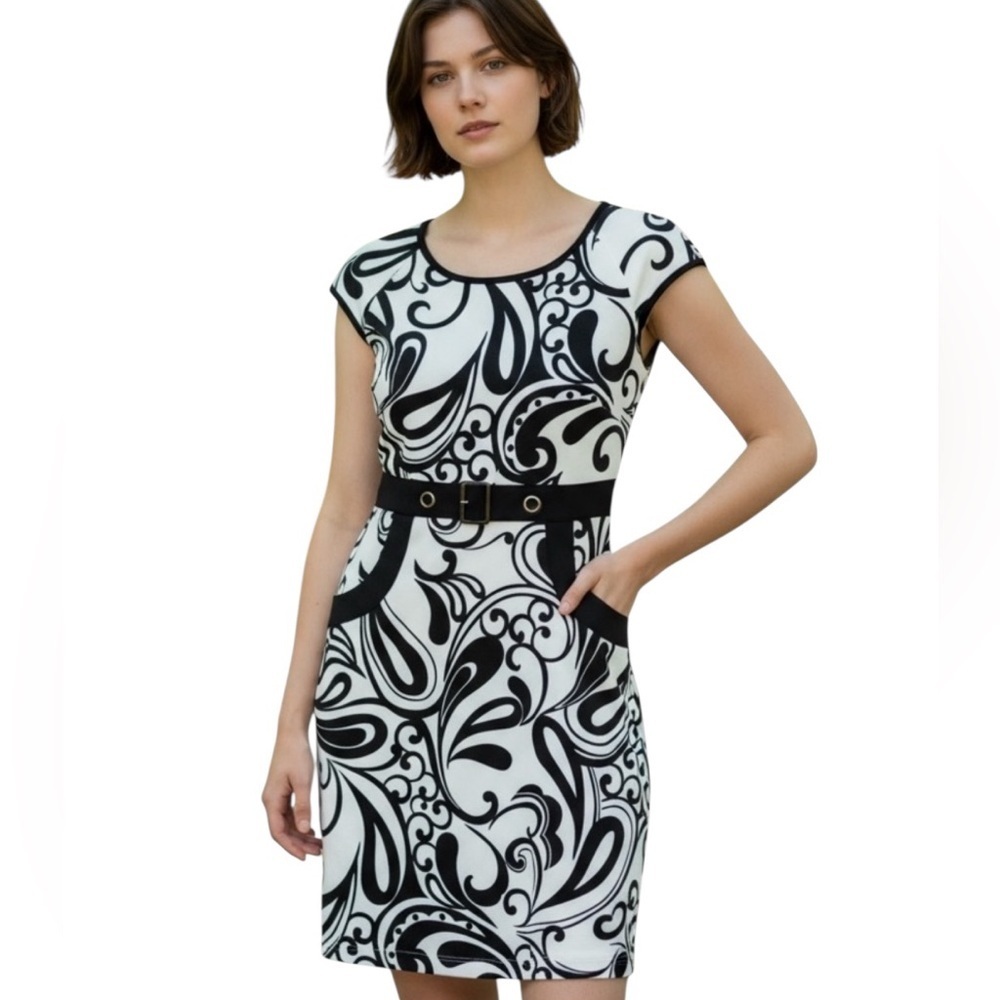Ricki’s Dress, cap sleeves, back zip black/white abstract print, sz 4 NWOTS